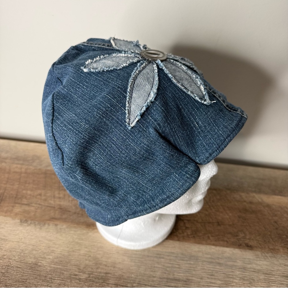Upcycled Reversible Denim Hat Beanie Toque TNA Flower Appliqué One Of A Kind - Picture 8 of 13